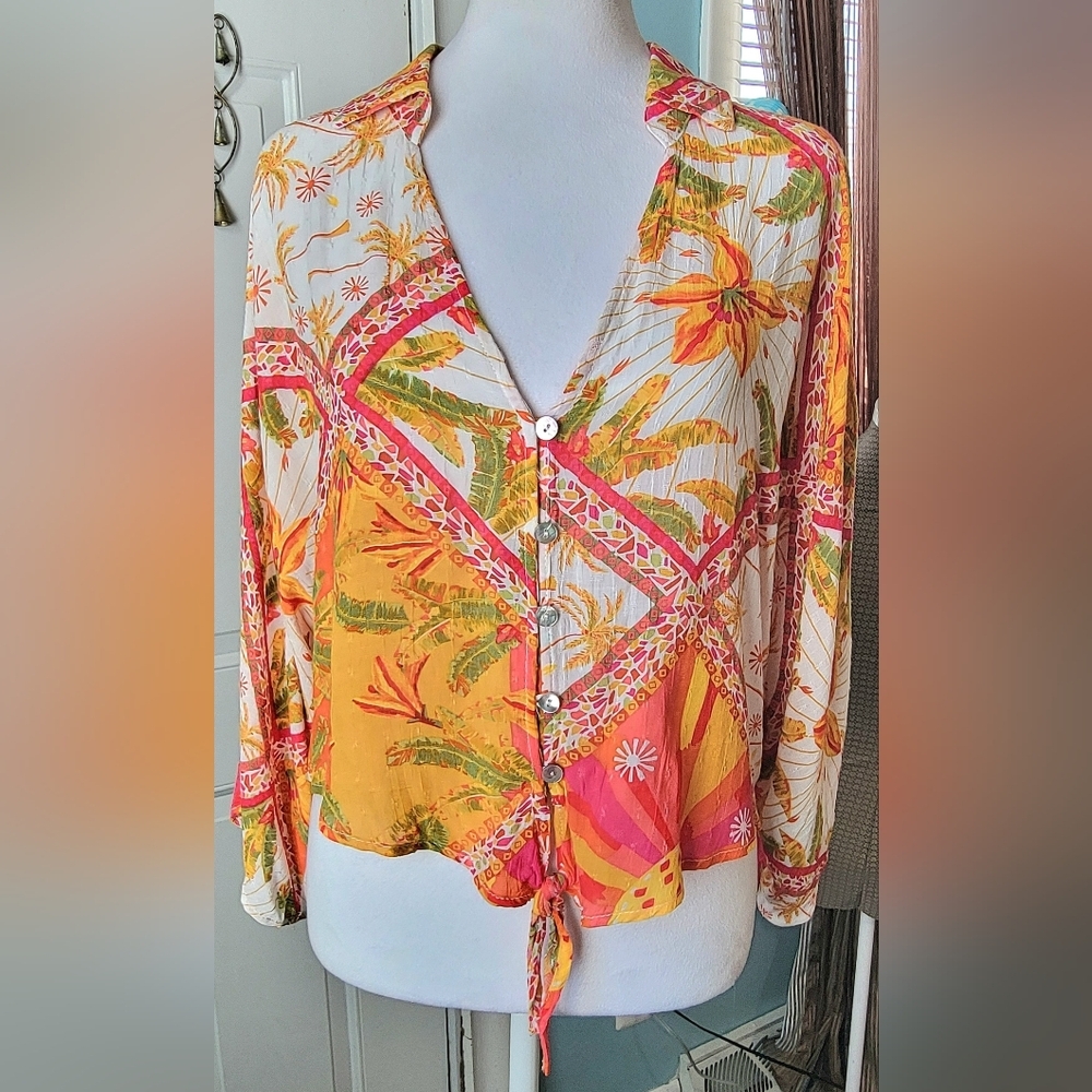 Haute Hippie Cropped Tie Waist Blouse Womens S Vibrant Multi Tropical Pineapples
